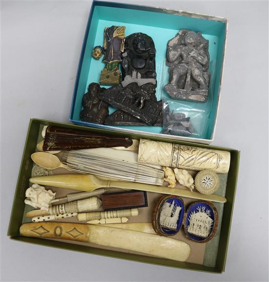 A group of 19th and early 20th century ivory, bone and soapstone carvings and vertu